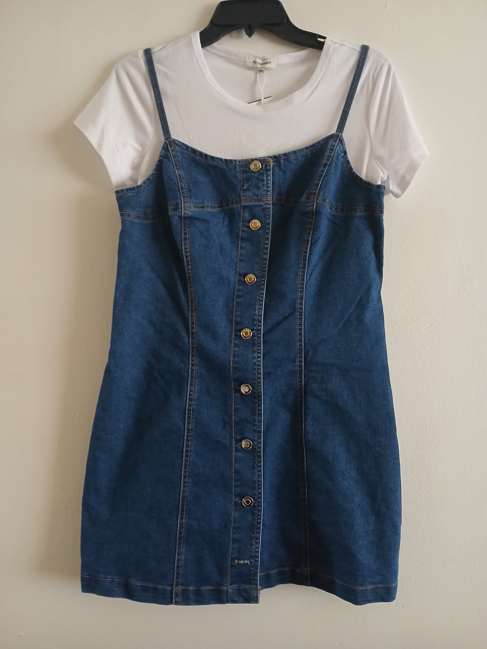 Denim Button-Front Mini Dress with White Tee Size L New $25
